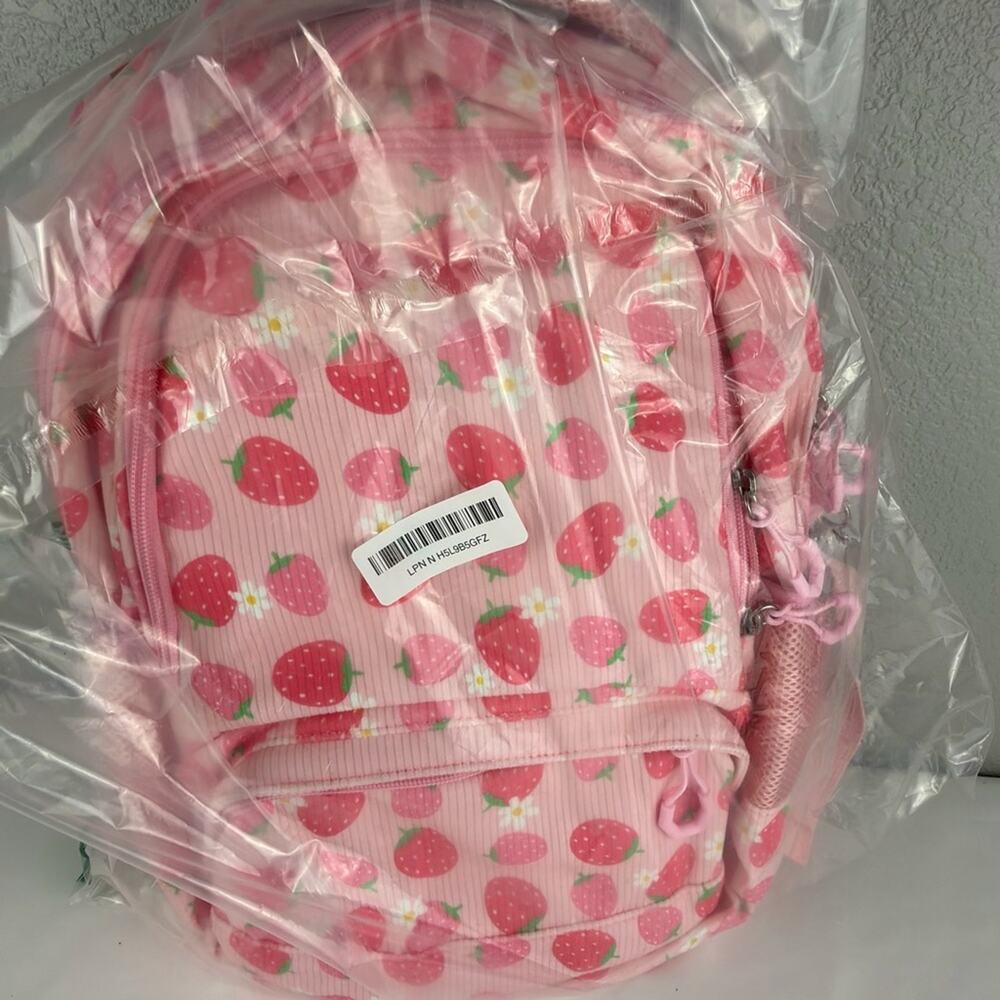NWOT Charming Pink Strawberry Kids Backpack, lunch bag, pencil case - Picture 9 of 10